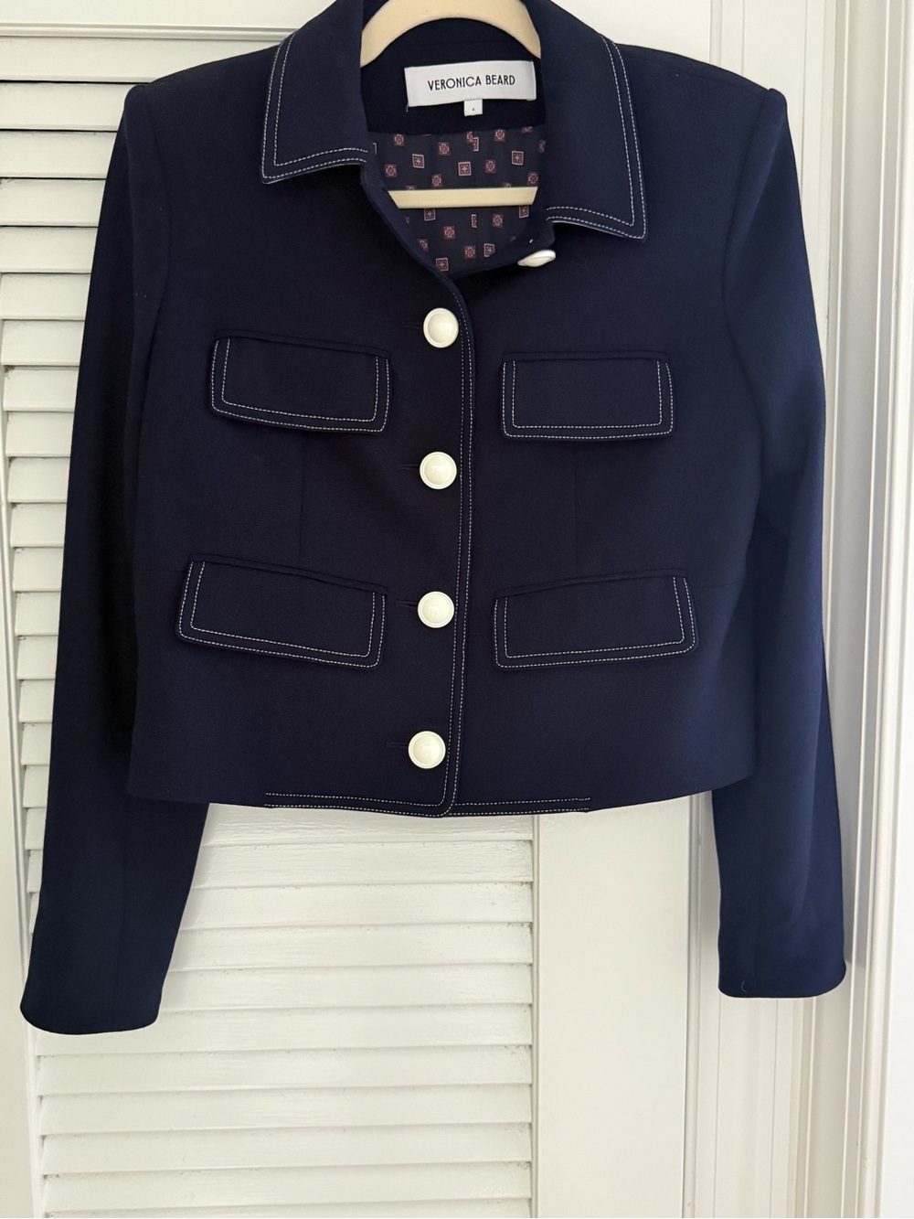 Veronica Beard Navy Cropped Jacket with Contrast White Buttons